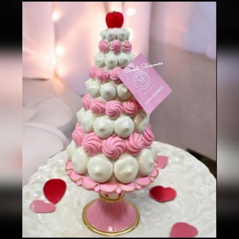 15" MARTHA STEWART Pink White Christmas Tree Cake w Cherry Pedestal Decor NEW - Picture 6 of 7